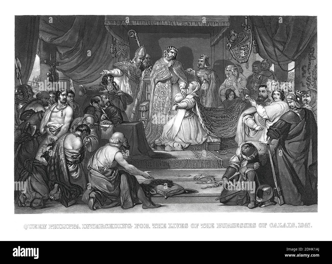 19. Jahrhundert Illustration der Szene, wo Königin Philippa (1314-1369), die Königin von England, überredet ihren Mann, das Leben der Burgher o zu ersparen Stockfoto