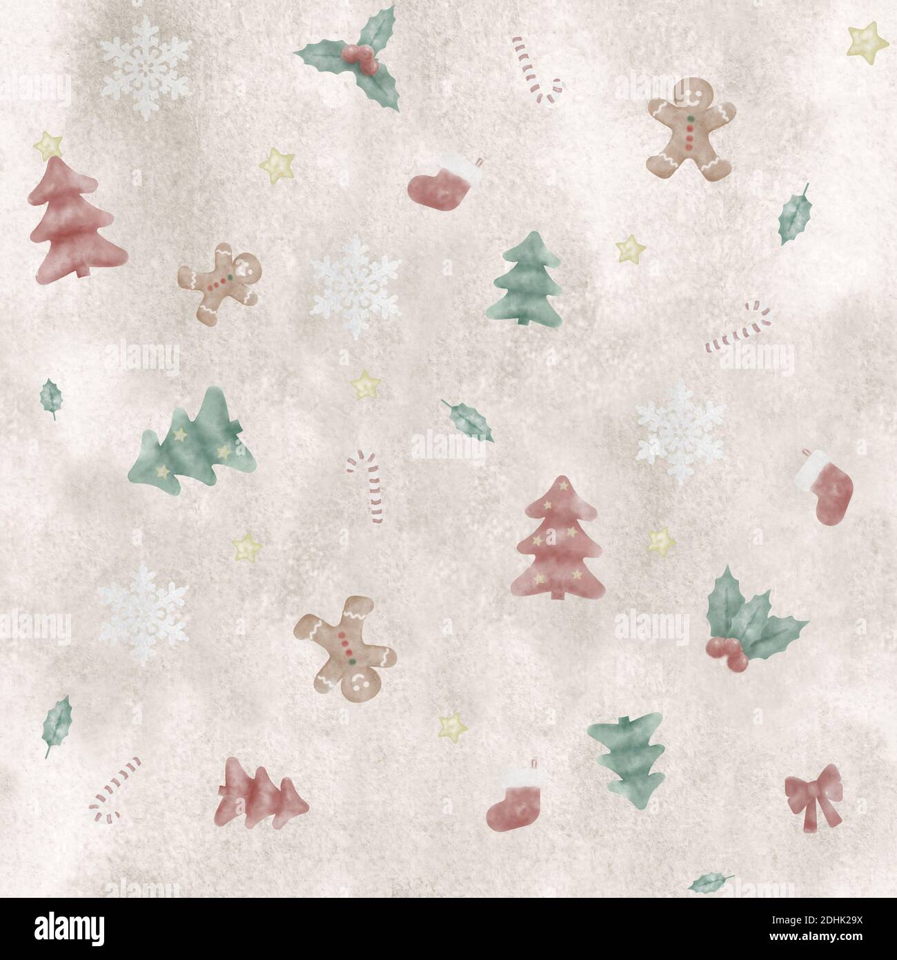 Cute handbemalt nahtlose repetitive weihnachten Muster, mit Baum, Lebkuchen Mann und Zuckerrohr auf Aquarell Hintergrund Stockfoto
