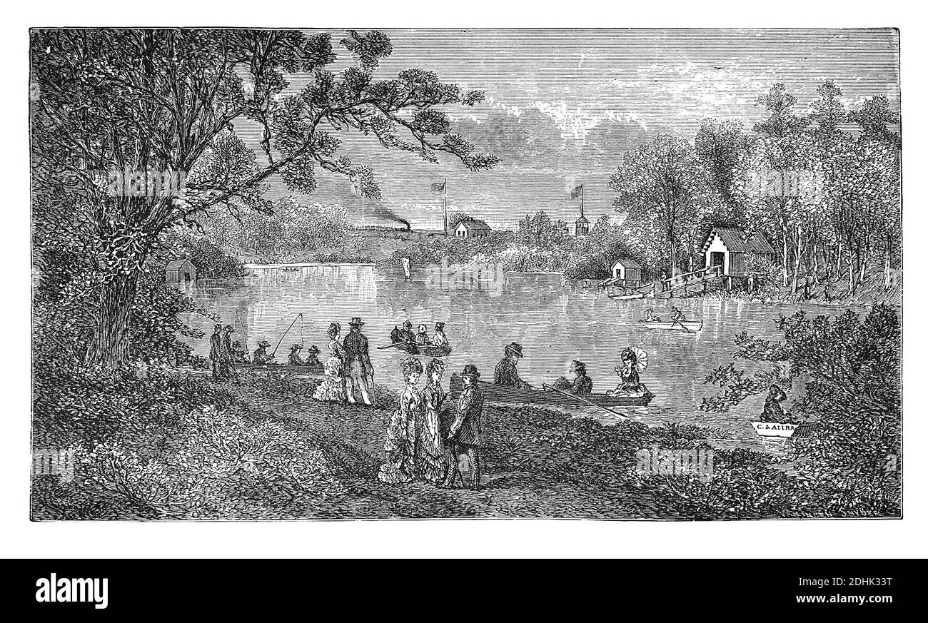 Abbildung aus dem 19. Jahrhundert von Bootstouren und Angelparty. Veröffentlicht in „The National Encyclopedia of Business and Social Forms, Embying the Law Stockfoto