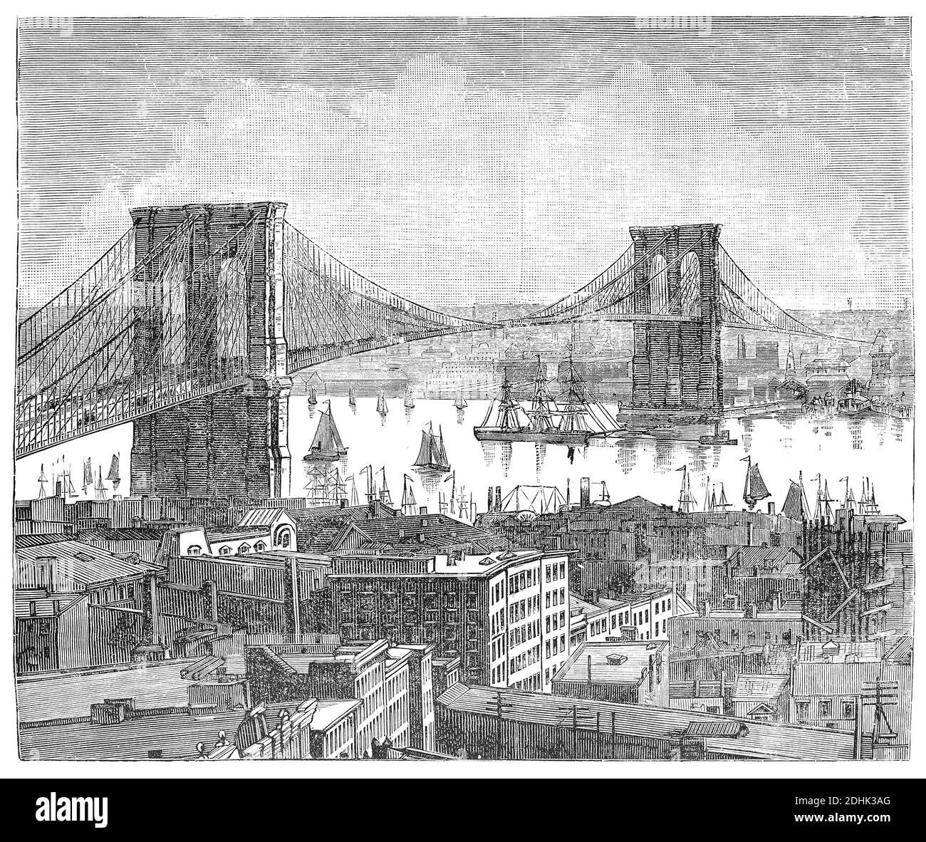 Illustration der Brooklyn Bridge aus dem 19. Jahrhundert. Veröffentlicht in 'The National Encyclopedia of Business and Social Forms, Umarmung der Gesetze der Etikette an Stockfoto