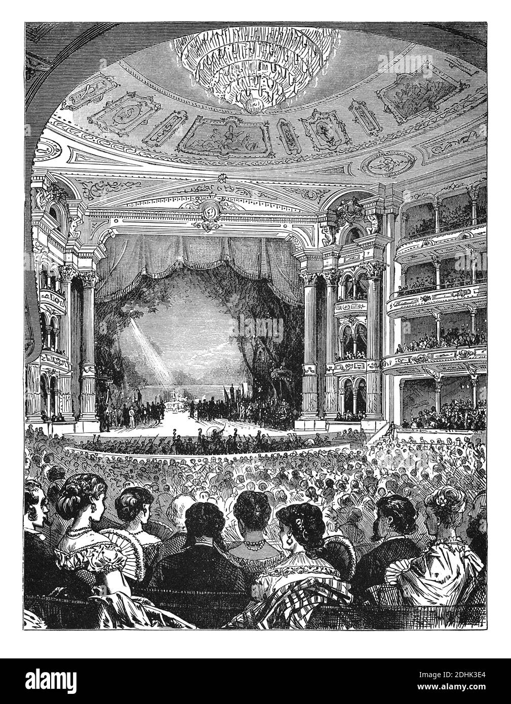 19. Jahrhundert Illustration der Etikette der Oper. Interieur der Academy of Music, Philadelphia, während einer Opernaufführung. Veröffentlicht in 'der Stockfoto