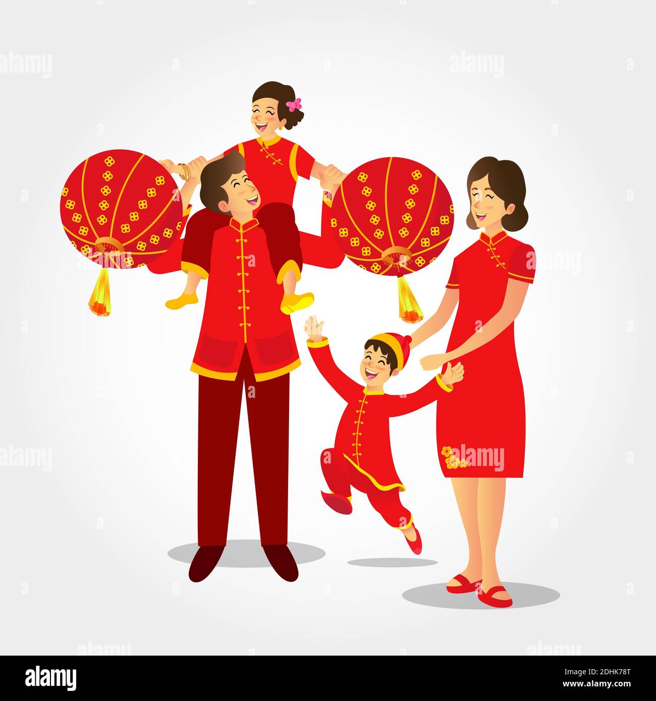 Vektor-Illustration eine chinesische Familie trägt nationale Kostüme spielen chinesisch Laternen feiern chinesisches Neujahr Stock Vektor