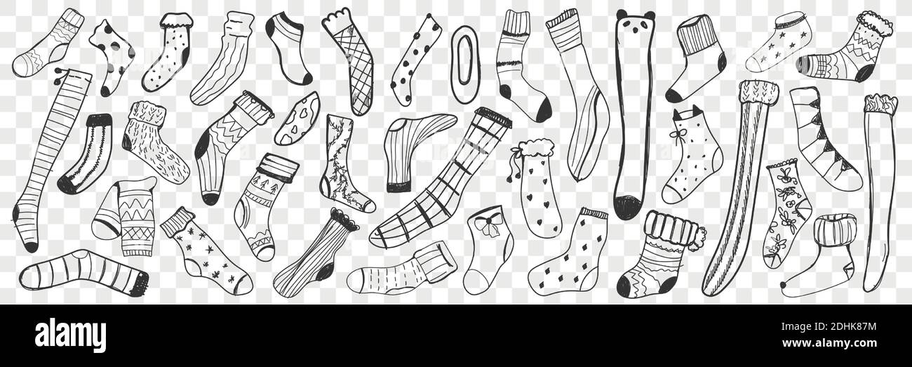 Socken-Doodle-Set. Sammlung von Hand gezeichnet verschiedene lange und kurze Socken und Kniestrümpfe für Casual tragen isoliert auf transparentem Hintergrund. Illustration von Baumwolle Textil Stoff Kleidung Stock Vektor