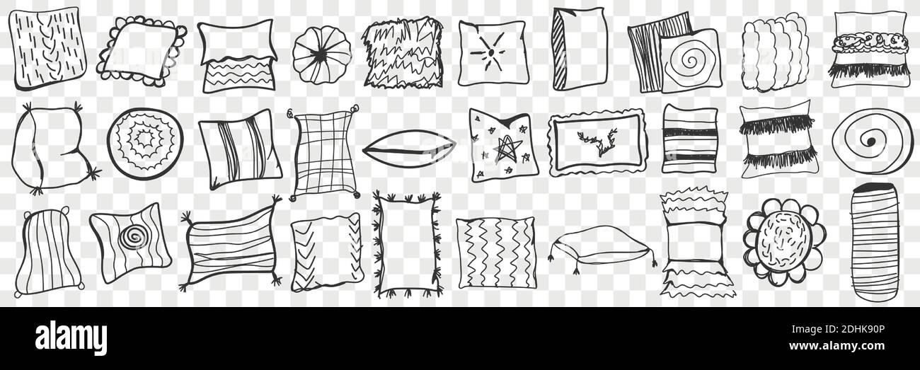 Kissen Doodle Set. Sammlung von handgezeichneten verschiedenen textilen weichen Kissen für bequemes Schlafen und Entspannen zu Hause isoliert auf transparentem Hintergrund. Illustration von Kissen und Bettzubehör Stock Vektor
