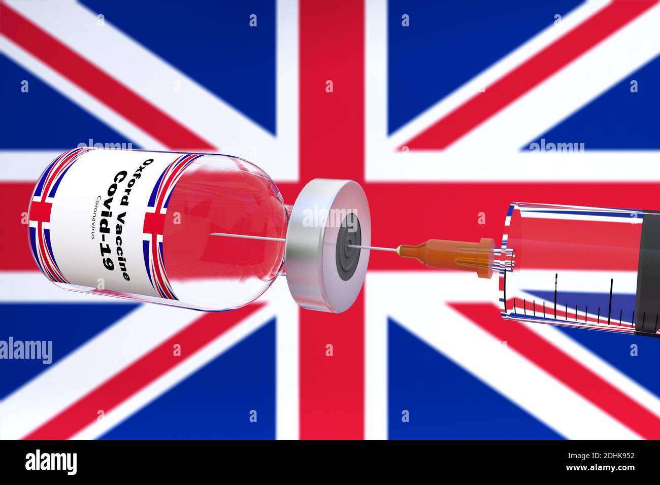 Spritze und eine Behälterflasche mit oxford-Impfstoff zur Behandlung der Coronavirus-Krankheit 2019 COVID-19, COVID19, COVID mit britischer Flagge zurück Stockfoto