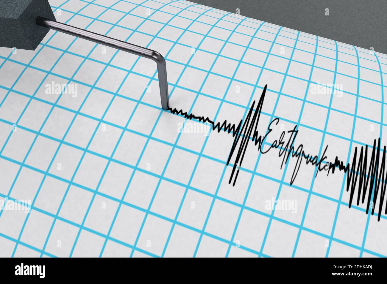 Seismograph Verfolgung der Kurve, die seismische Aktivität zeigt Stift aufzeichnen die Wellen auf der Trommel mit Wort Erdbeben 3D RENDER. Stockfoto