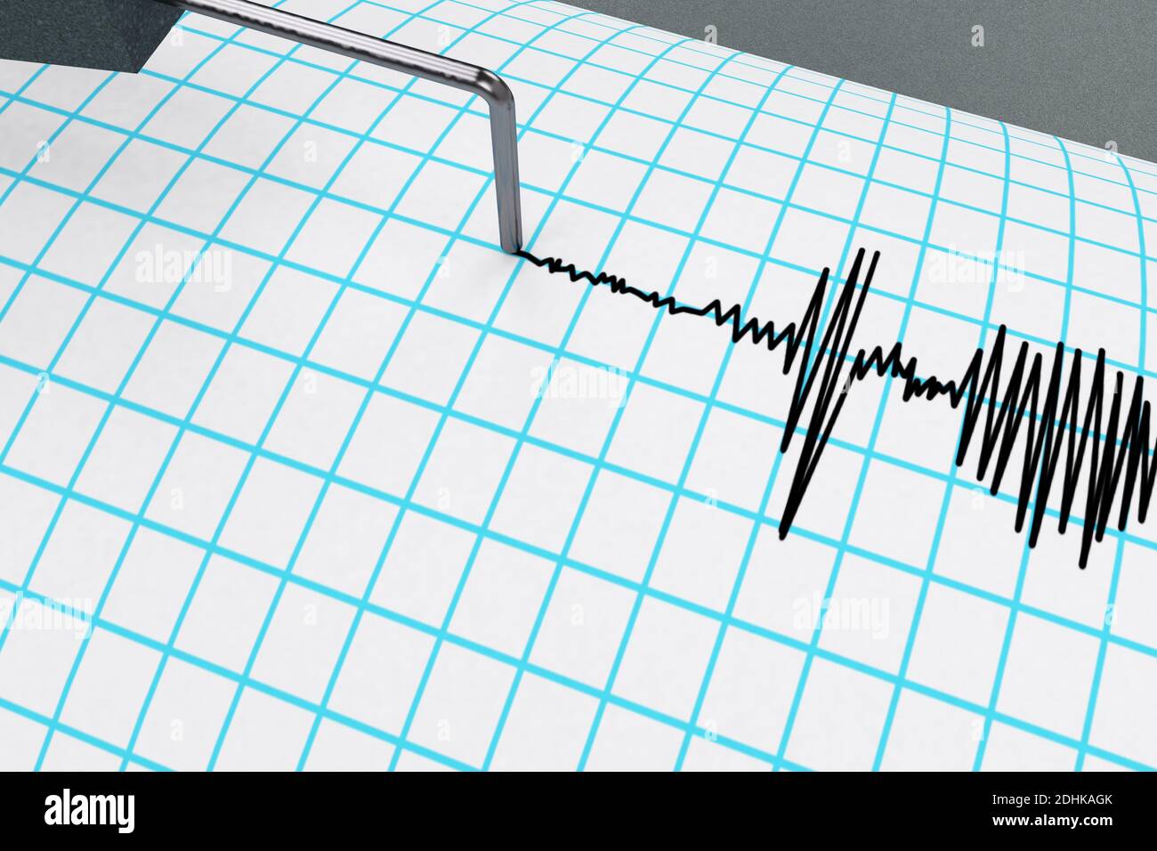 Seismograph, der die Kurve verfolgt, die seismische Aktivität anzeigt, zeichnet die Wellen auf dem 3D-RENDER der Trommel auf. Stockfoto