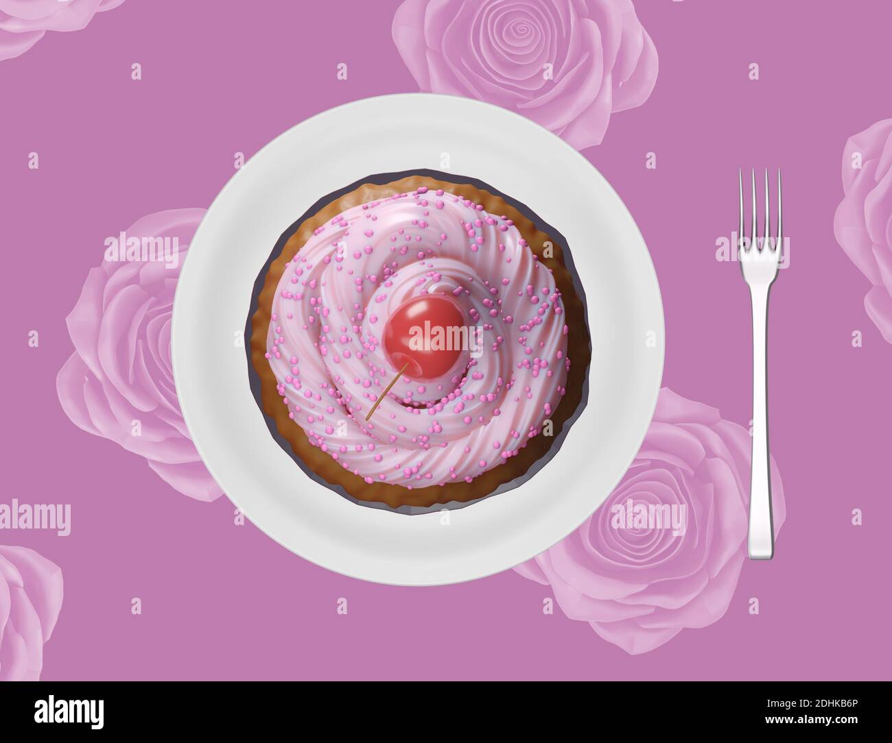 Lecker leckeren Cupcake mit der rosa Sahnehäubchen auf und Kirsche, bereit für Kinder Party Essen, Henne-Party-Feier. Cupcake auf einem Teller, Draufsicht. 3d-Rend Stockfoto
