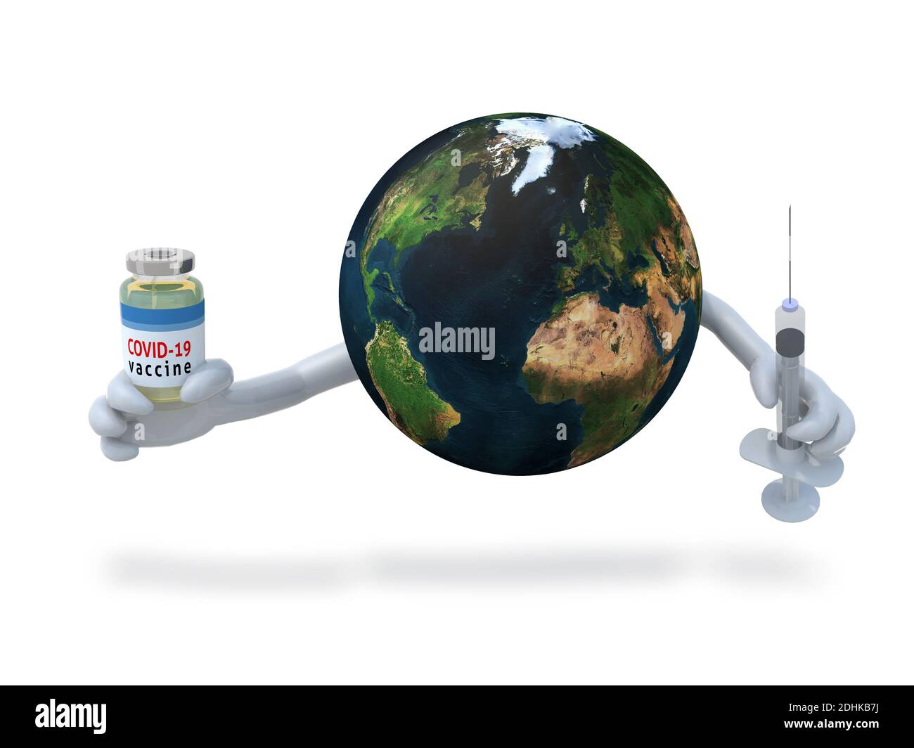 Planet Earth mit Armen, Impfstoff und Spritze an Händen, 3d-Illustration Stockfoto