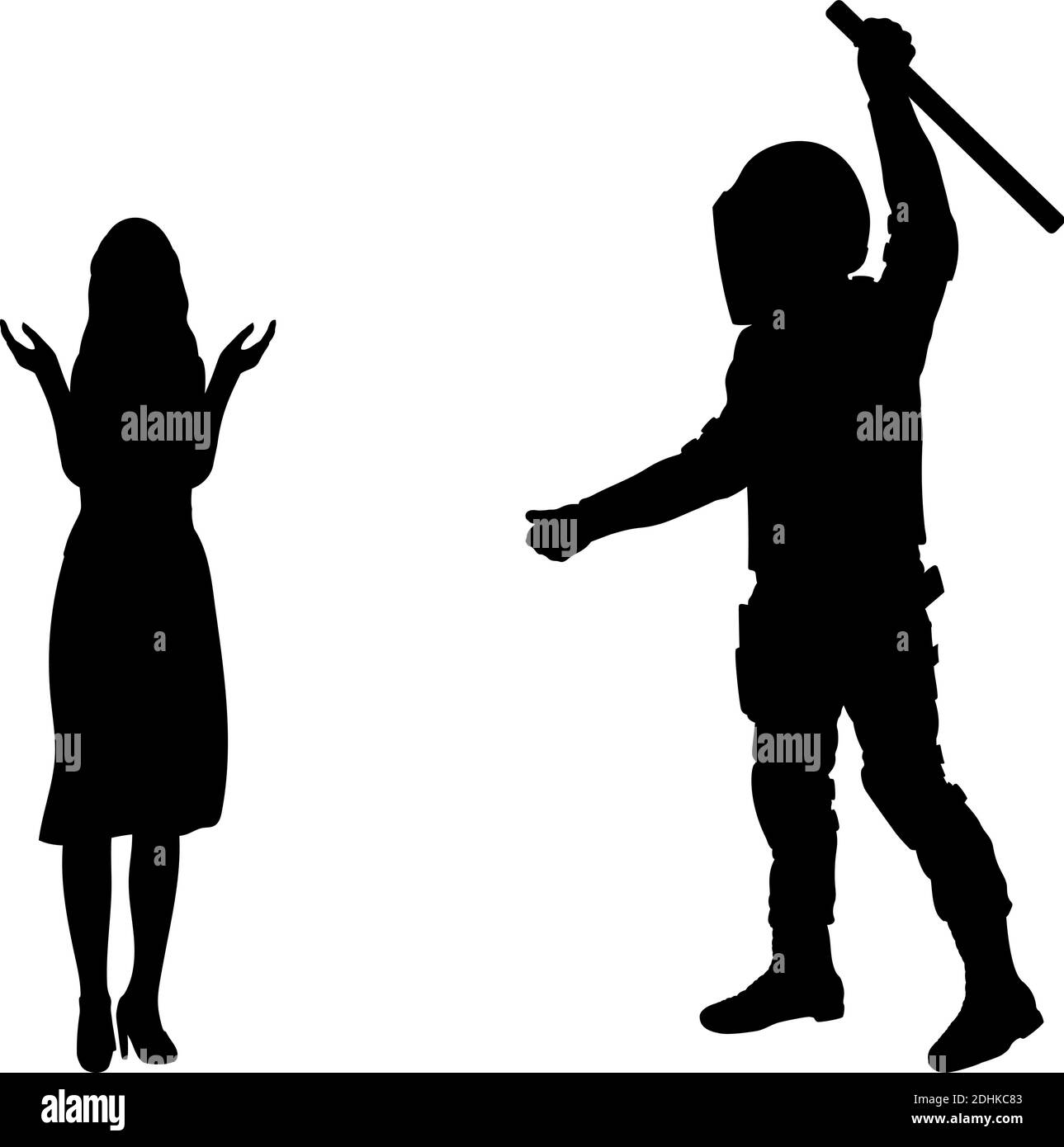 Silhouette, warum Polizist seine Schlagstöcke auf eine unbewaffnete Frau schwang. Symbol für die Abbildung Stock Vektor