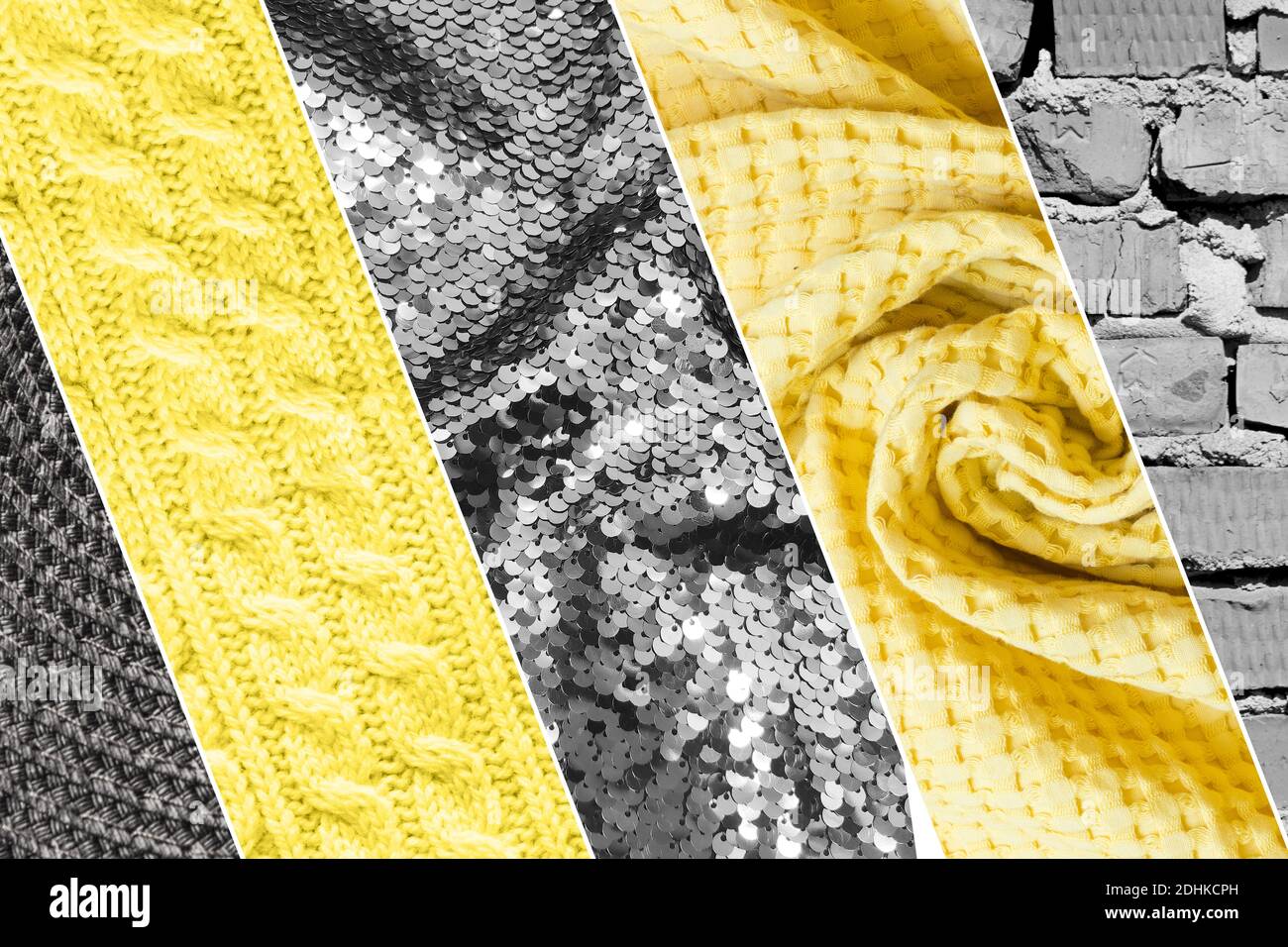 Collage aus verschiedenen Textur gestrickt, Backstein Wand, Textil und funkelt in trendigen Ultimate Grey und leuchtende Gelb Farben des Jahres 2021. Stockfoto