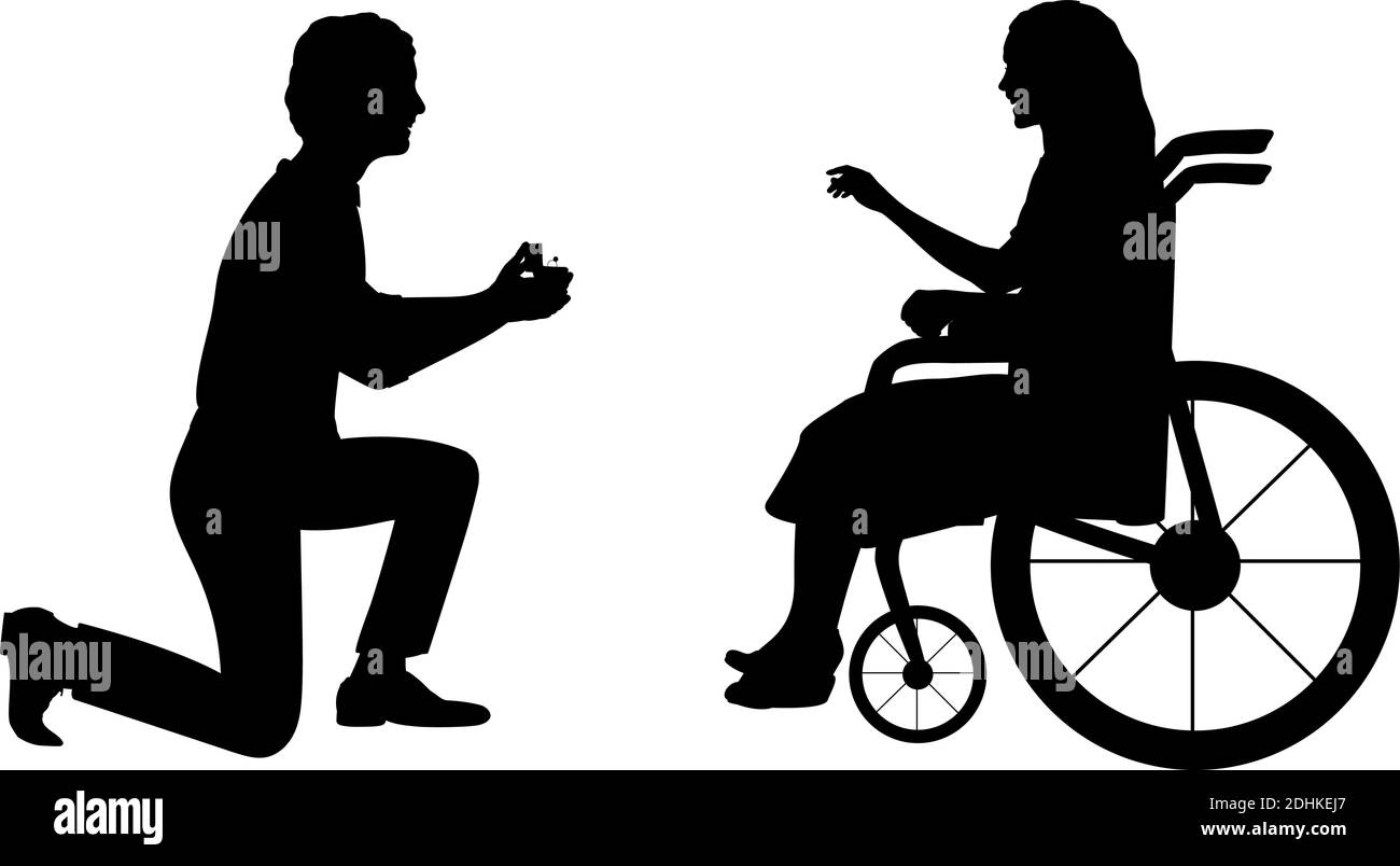 Silhouetten des Mannes auf dem Knie stehend ein Angebot, die Frau der Frau im Rollstuhl zu werden. Symbol für die Abbildung Stock Vektor
