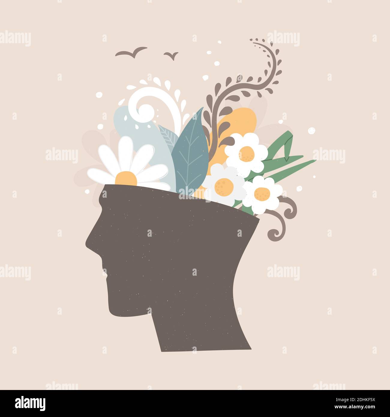Konzept der psychischen Gesundheit. Ein Kopf mit Blumen, die darin wachsen. Psychologische Hilfe. Vektor-Illustration in Hand-Zeichnung Stil, Pastellfarben Stock-Vektorgrafik