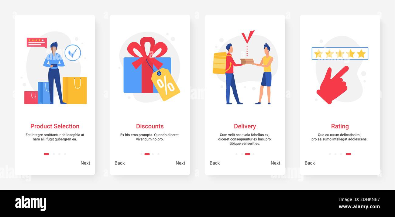 Online-Shopping, Rabatte Umsatz in Website Shop oder Shop, Bestellung und Lieferung Vektor Illustration. Mobile App-Seite Onboard-Bildschirm mit Cartoon flache Kunden Käufer Käufer Menschen kaufen Geschenke Waren Stock Vektor