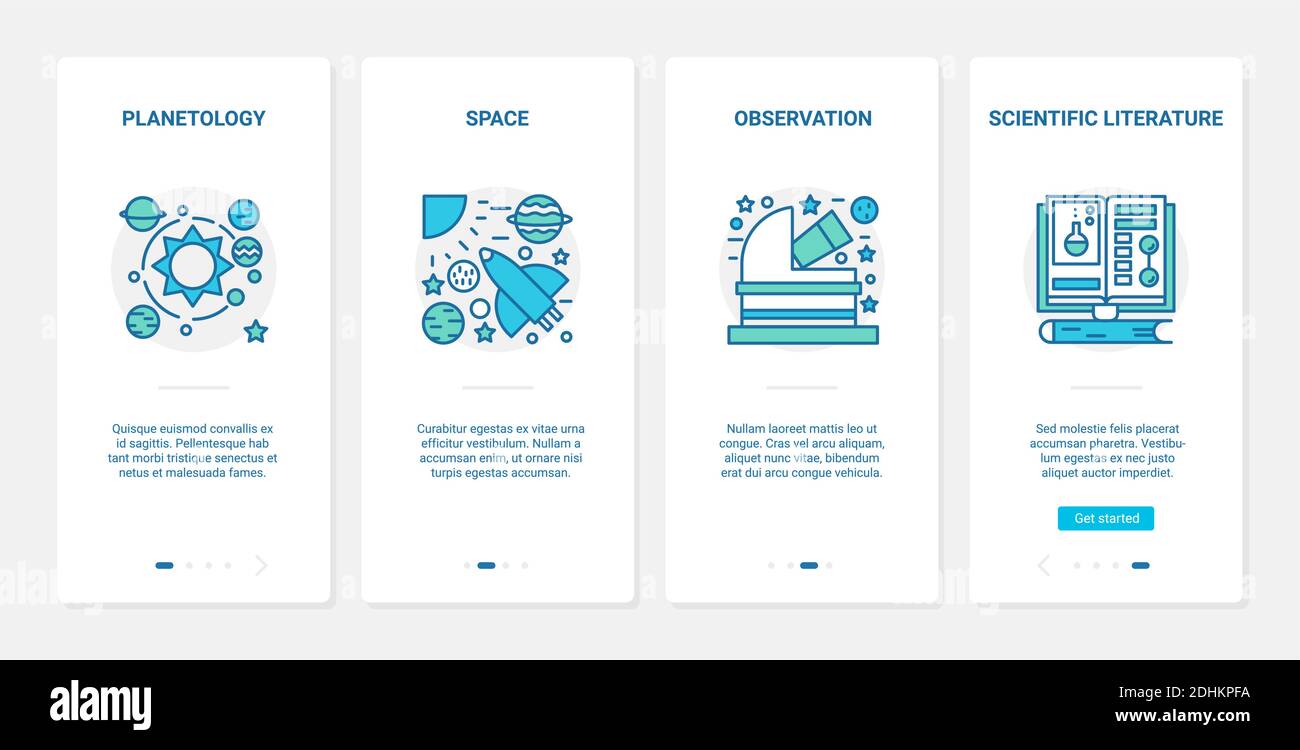 Planetologie Raumfahrt Forschung wissenschaftlichen Konzept Vektor Illustration. UX, UI Onboarding mobile App Seite Bildschirm mit Linie Raumschiff Rakete Symbole, Wissenschaft Teleskop Raum Exploration Technologie Stock Vektor