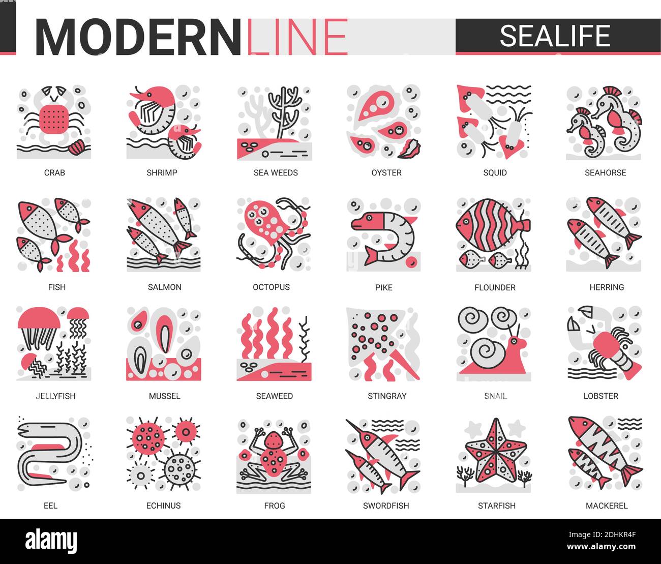 Sealife flache Linie Mini-Konzept-Symbole. Rot schwarz Infografik Design Ost Restaurant Meer Leben moderne Ikonen gesetzt. Stock Vektor