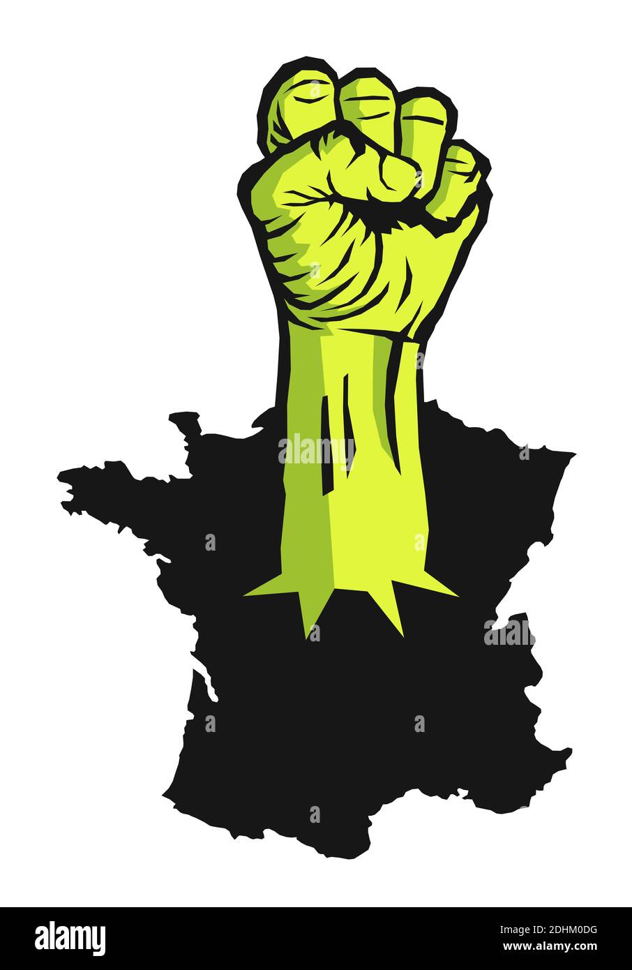 Aufgezogene und geballte gelbe Faust in Frankreich - Gelbe Westen und französische Revolution, Rebellion, Aufstand, Aufruhr und Protest. Vektorgrafik Stockfoto