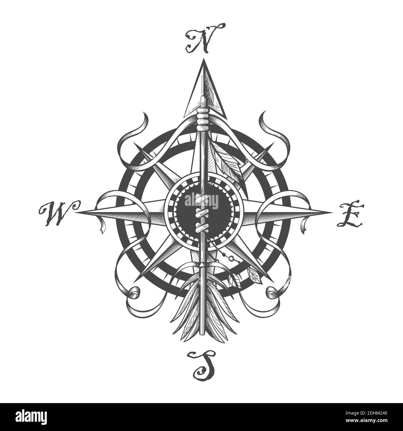 Kompass Wind Rose und zeigenden indischen Pfeil vintageTattoo. Vektorgrafik Stock Vektor