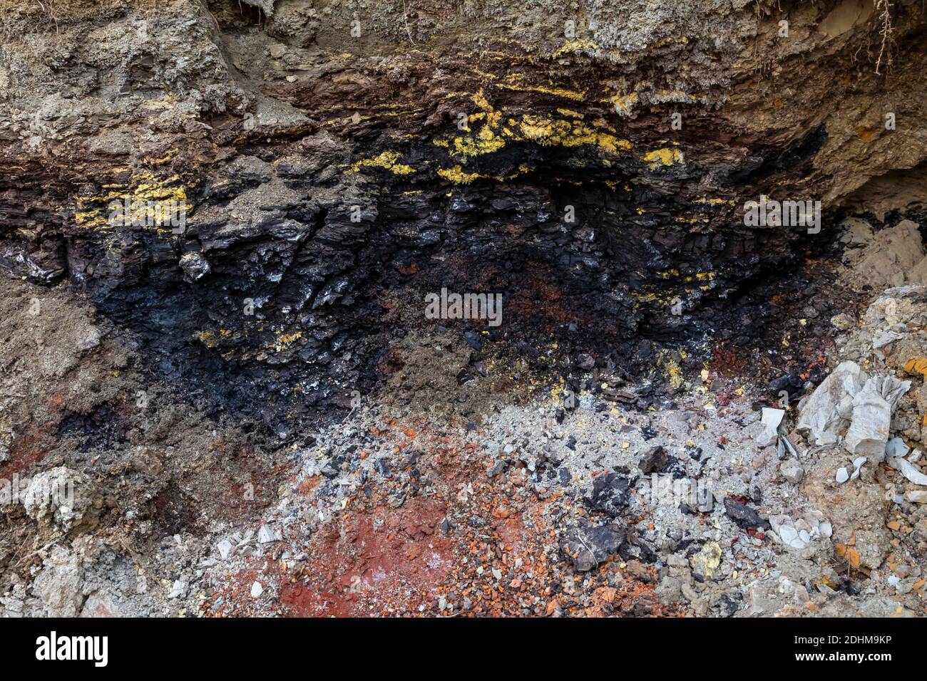 Rot gebackene Erde, Klinker, Char und Schwefel genannt, aus einem 2020 Kohlenaht Feuer, das unter der Erde brennt, entzündet durch eine vorgeschriebene Verbrennung, in Theodore Roosevelt Stockfoto