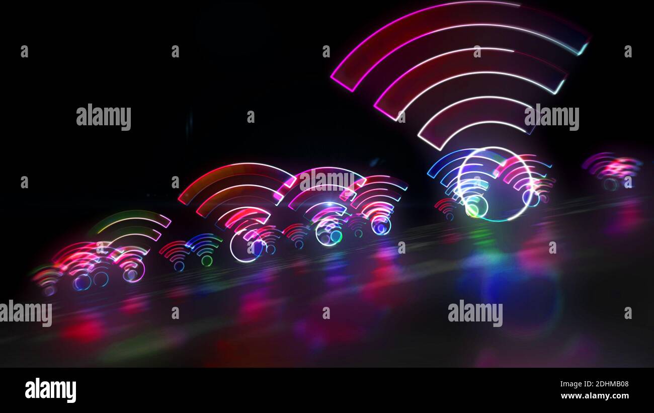 WiFi Hotspot Symbol, wi-Fi Internet Zone, Kommunikationstechnik, kostenlose Verbindung und 5G Network Icon Neon Loop Konzept. Futuristische abstrakte 3d-Rendierung Stockfoto