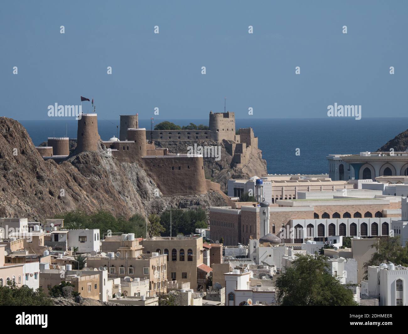 Al Mirani Fort und Al Alam Palace, Kalbūh, Muscat, Oman Stockfoto