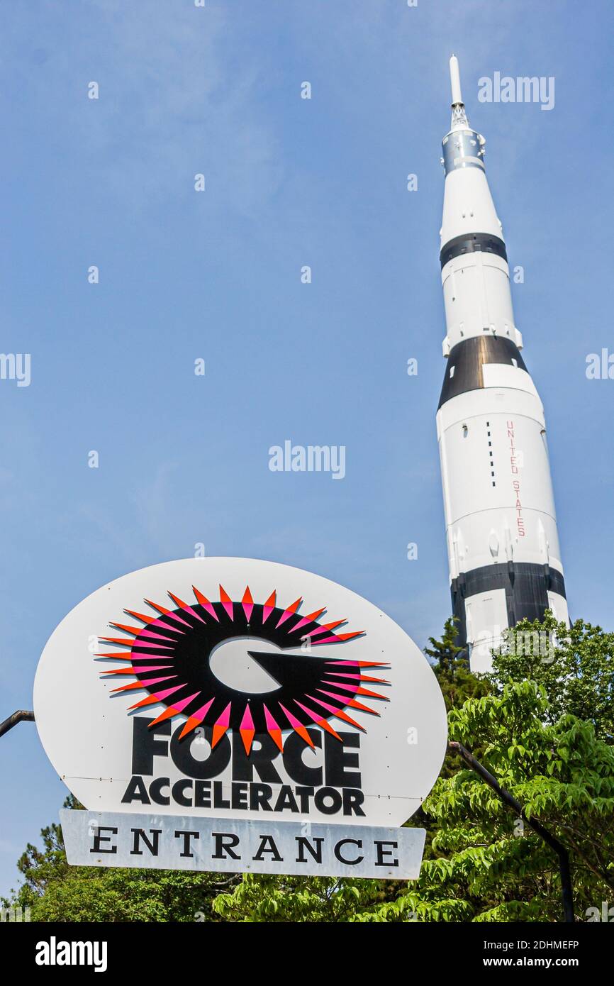 Huntsville Alabama, USA Space & Rocket Center Center, G Force Accelerator Thrill Ride Eintrittsschild, Stockfoto