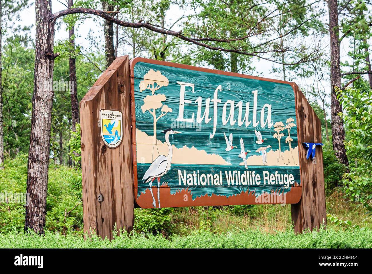 Alabama, Eufaula National Wildlife Refuge, Chattahoochee River Wetland Upland Habitat Eingangsschild, Stockfoto