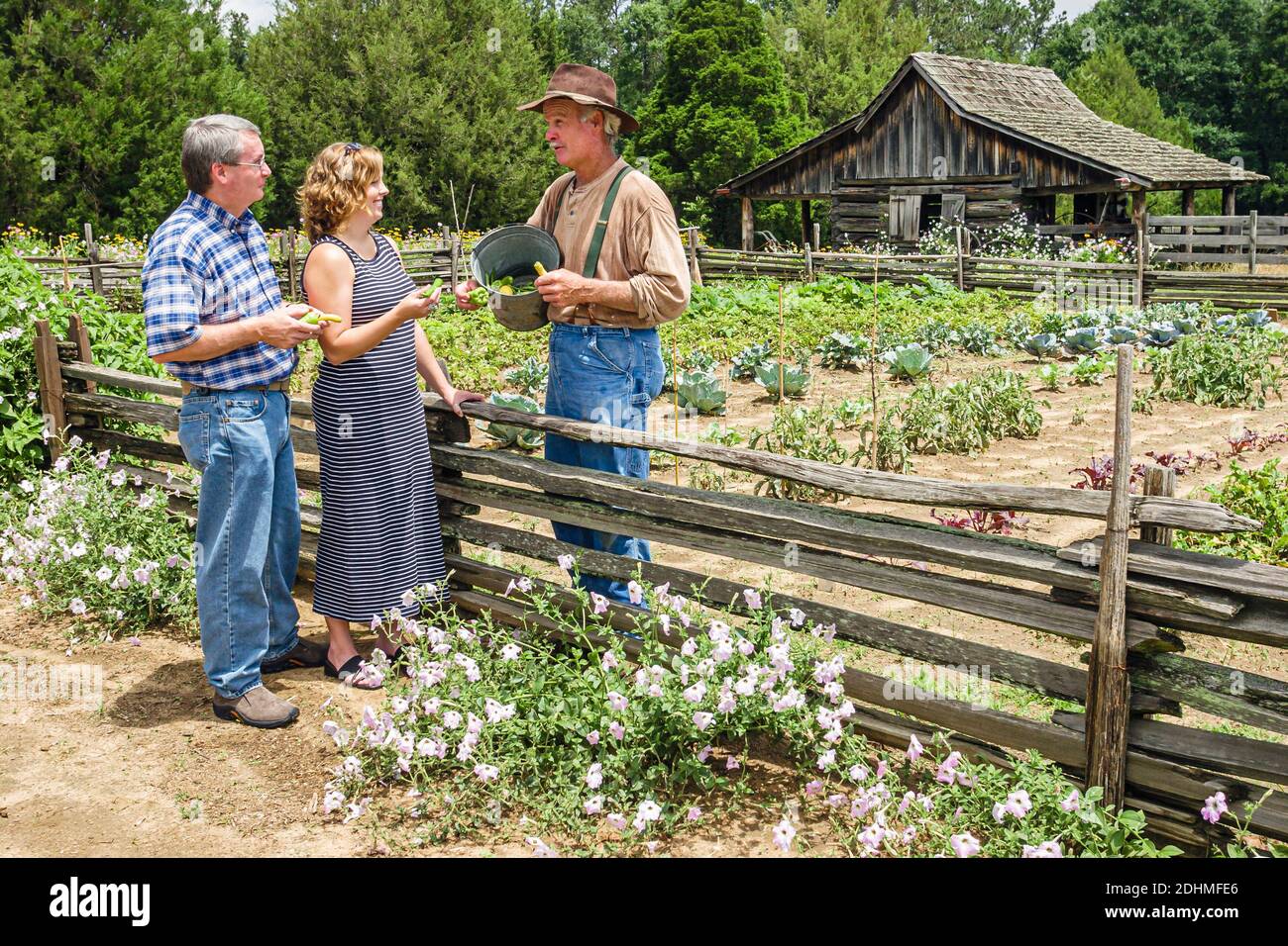 Alabama Dothan Landmark Park Living History Farm 1890er Jahre, Besucher Landwirt zeigt erklären Mann Frau weiblich Paar Garten, Stockfoto