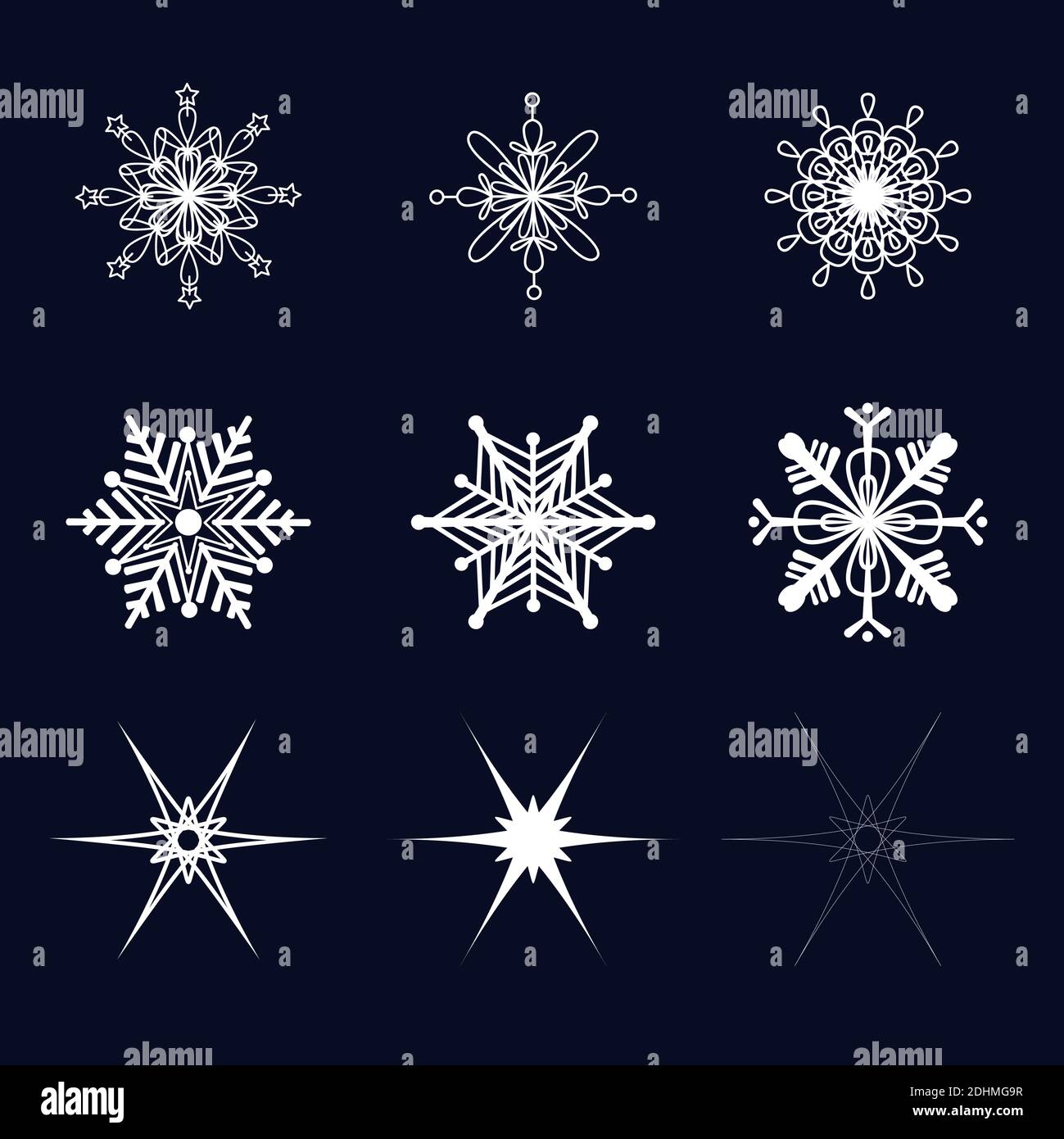 Set von 9 Schneeflocken auf einem dunkelblauen Hintergrund. Snowflake-Symbole. Stock Vektor