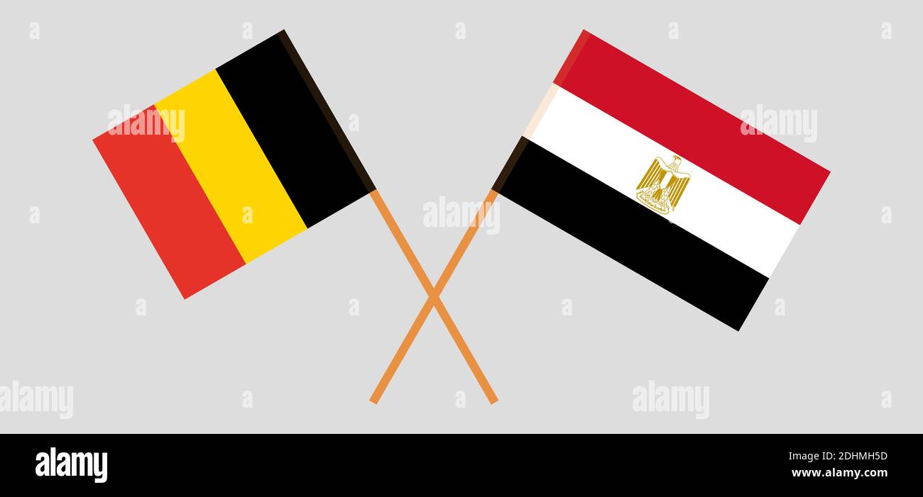 Gekreuzte Flaggen von Ägypten und Belgien. Offizielle Farben. Korrektes Verhältnis. Vektorgrafik Stock Vektor