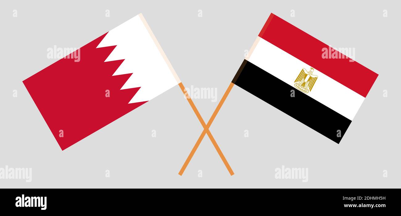 Gekreuzte Flaggen von Ägypten und Bahrain. Offizielle Farben. Korrektes Verhältnis. Vektorgrafik Stock Vektor