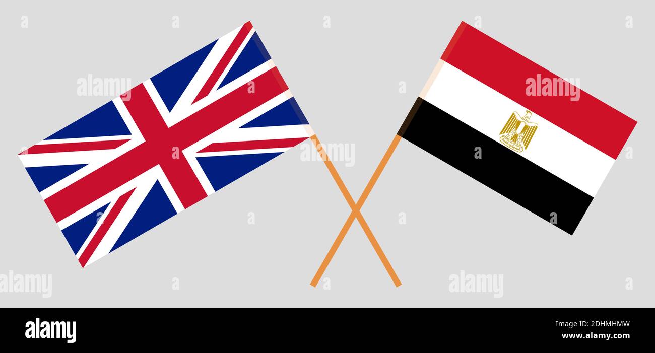 Gekreuzte Flaggen von Ägypten und Großbritannien. Offizielle Farben. Korrektes Verhältnis. Vektorgrafik Stock Vektor