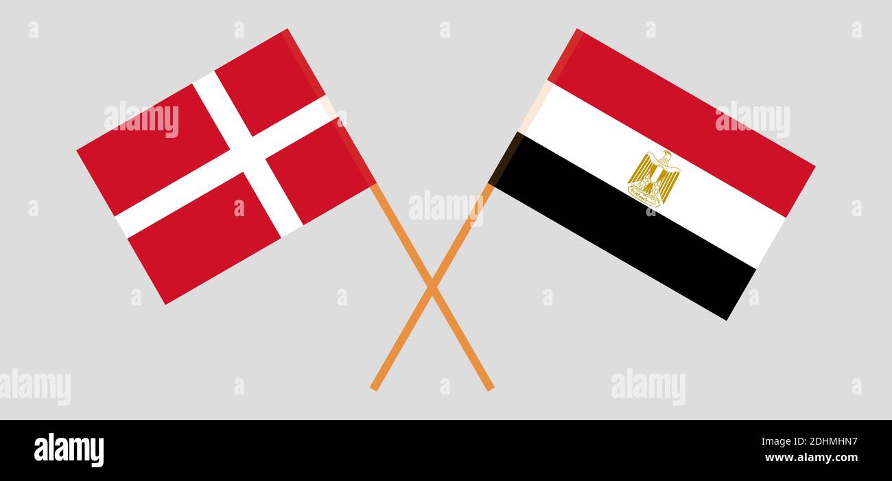 Gekreuzte Flaggen von Ägypten und Dänemark. Offizielle Farben. Korrektes Verhältnis. Vektorgrafik Stock Vektor