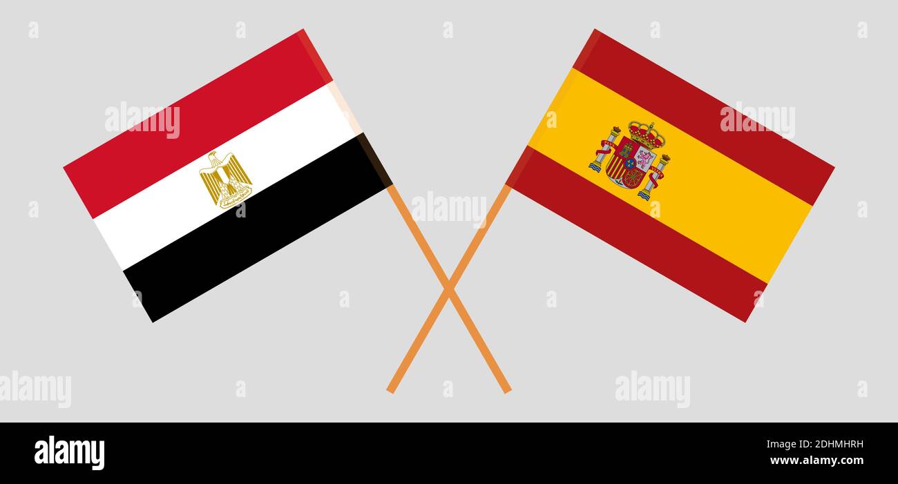 Gekreuzte Flaggen von Ägypten und Spanien. Offizielle Farben. Korrektes Verhältnis. Vektorgrafik Stock Vektor