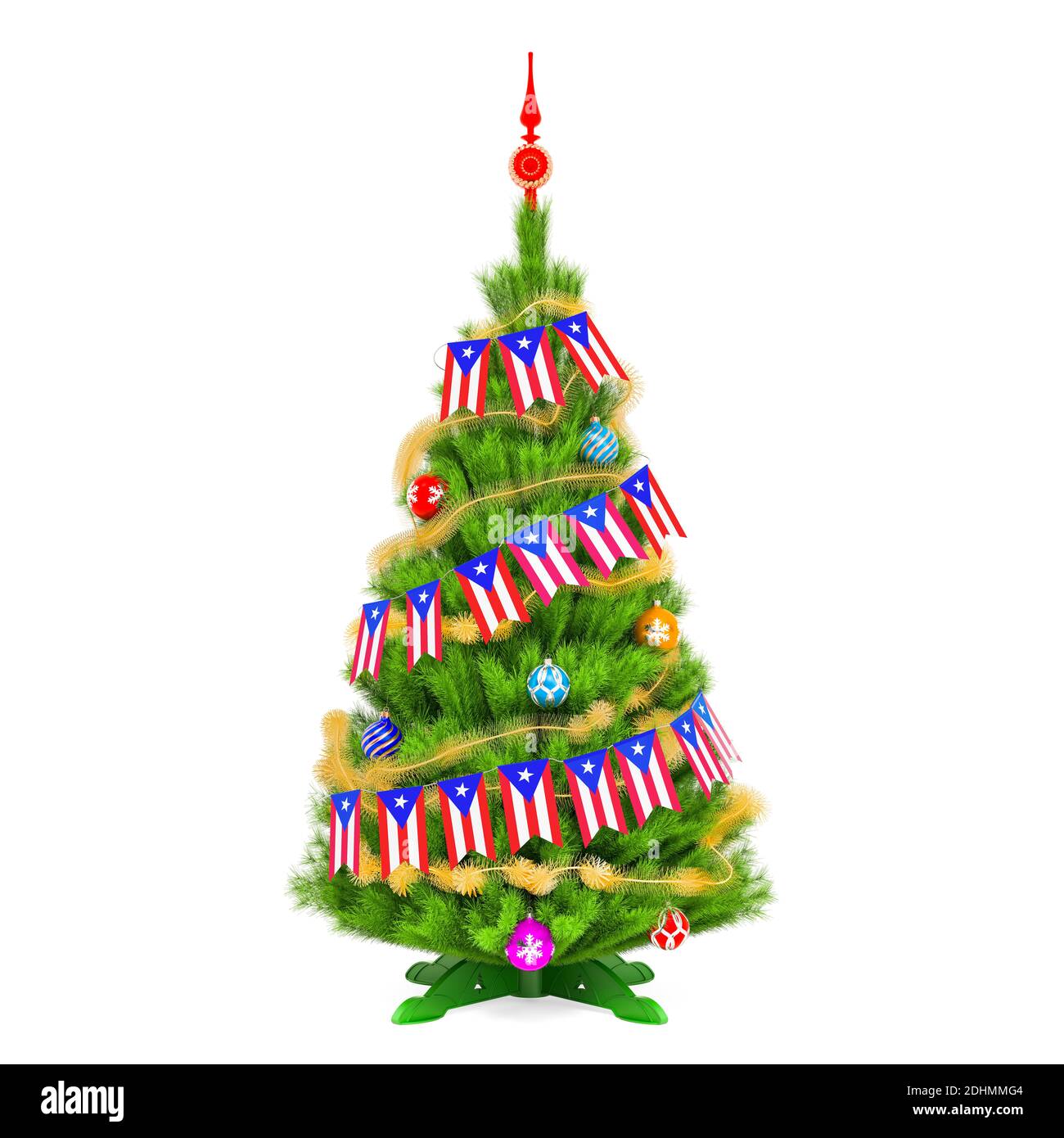 Weihnachtsbaum mit Puerto Rican Xmas Wimpelfahnen, 3D-Rendering isoliert auf weißem Hintergrund Stockfoto