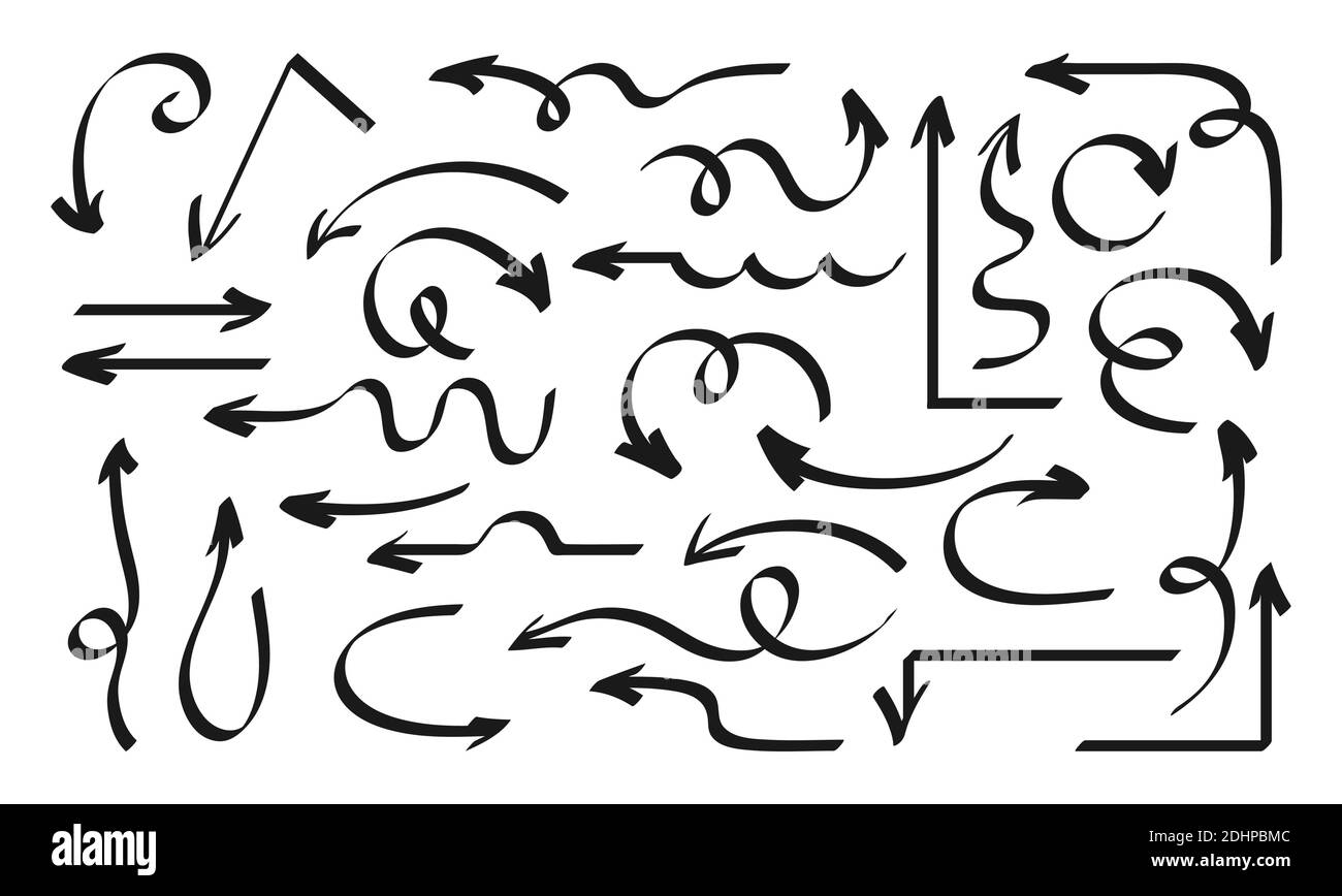 Pfeil handgezeichnetes schwarzes Set. Formen Marker Design Elemente Kollektion Symbol. Bunte Pfeile, Zeiger, Pfeilspitzen und Markierungen. Vektordarstellung für Business Objects Stock Vektor