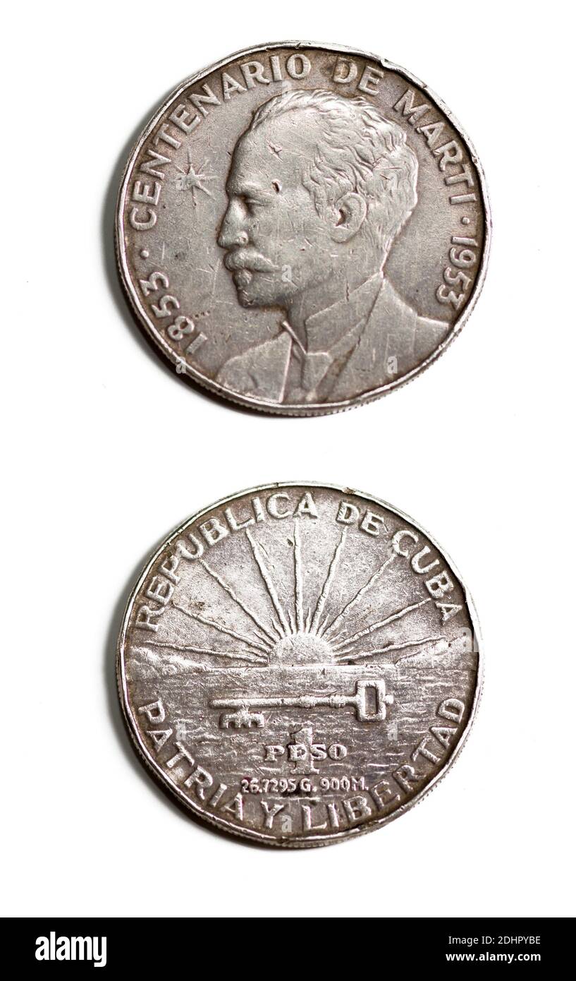 Historische kubanische Silbermünze zum 100. Geburtstag des kubanischen Nationalhelden oder Apostels Jose Julian Marti Perez. Stockfoto