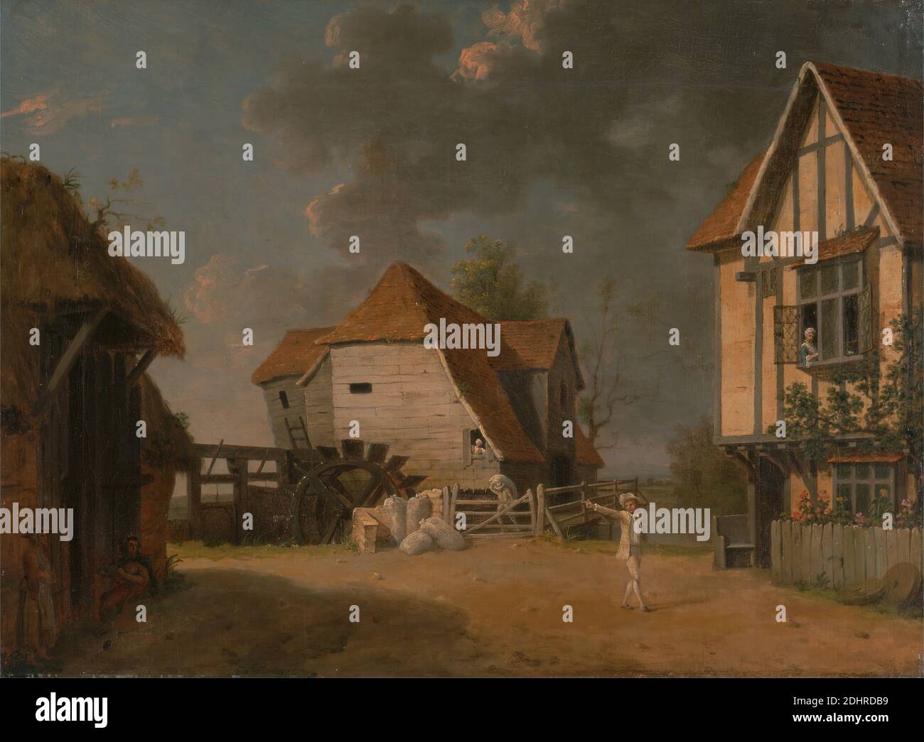 Eine Szene aus 'The Maid of the Mill', John Inigo Richards RA, 1730/31?–1810, British, 1765, Öl auf Leinwand, Support (PTG): 18 5/8 x 25 Zoll (47.3 x 63.5 cm), Schauspieler, Scheune, Wolken, Hütte, Hof, Zaun, Heu, Haus, Illustration, Männer, Performance, Spiel, Bühne, Stadt, Wasser, Rad, Fenster, Frauen, Hof Stockfoto