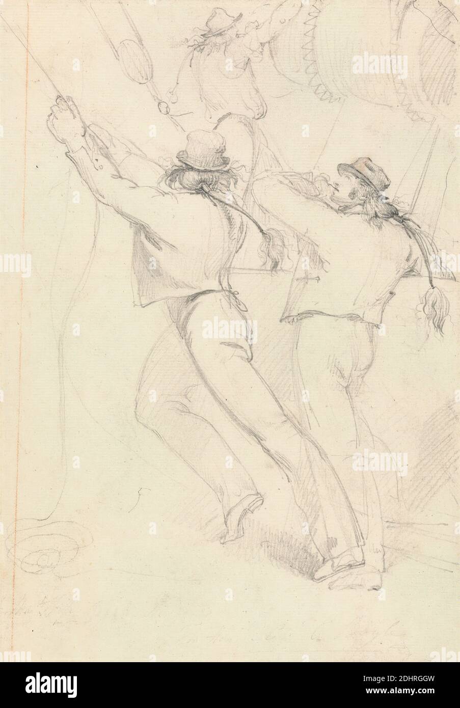 Seeleute an Bord H.M.S. Royal William, George Henry Harlow, 1787–1819, britisch, ca. 1806, Graphit auf Medium, leicht strukturiert, cremefarbenes Papier, Blatt: 11 1/4 × 7 3/4 Zoll (28.6 × 19.7 cm), Hüte, Männer, Matrosen Stockfoto