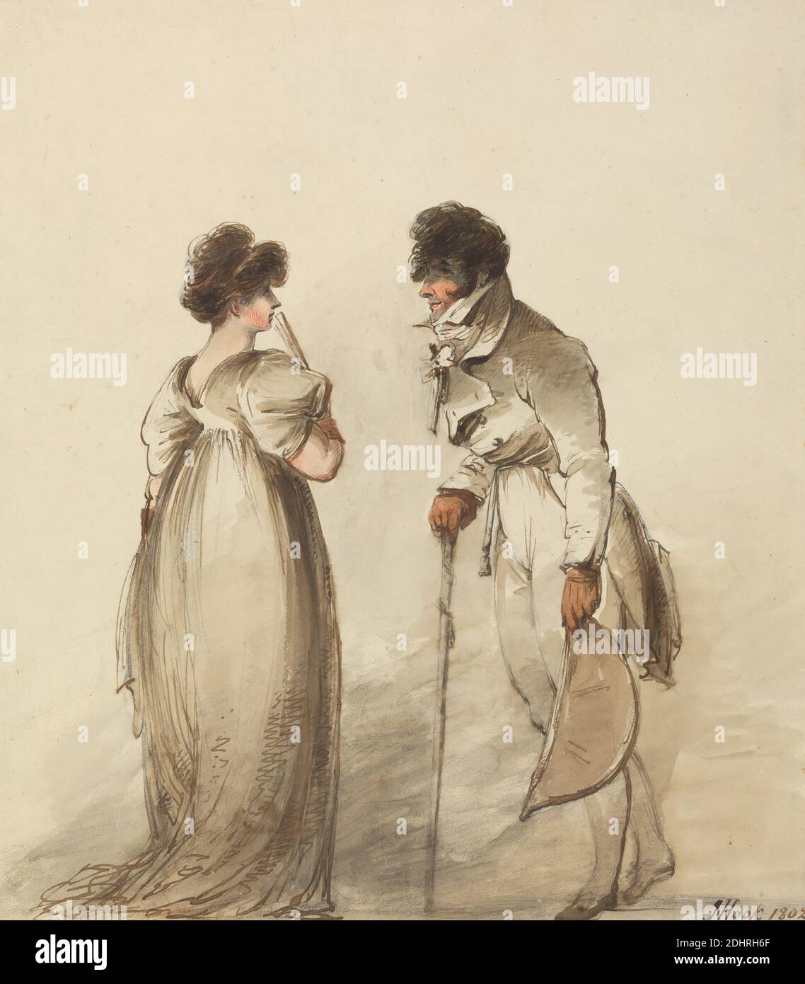 Ein Regency-Paar: Mann mit Gehstock, James Hook, ca. 1772–1828, Britisch, 1802, Aquarell, Graphit, Feder und braune Tinte auf Medium, leicht strukturiert, cremefarbenes, mittelschweres, leicht strukturiertes, braunes, gewobeltes Papier, Blatt: 11 1/2 × 10 Zoll (29.2 × 25.4 cm), Stock, Kleid, Fächer, Mann, Regency, Gehstöcke, Frau Stockfoto