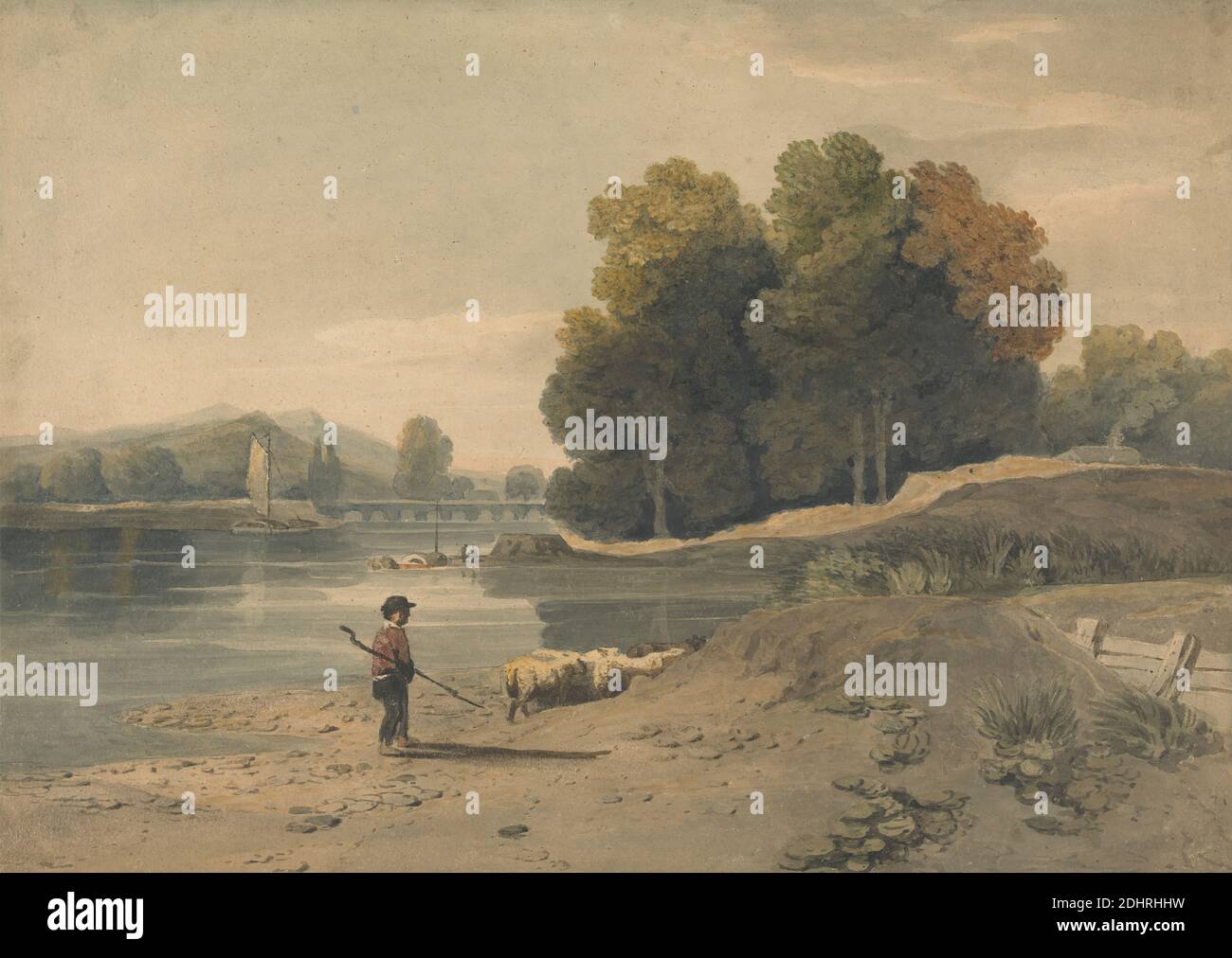 Flussszene mit Jungen und Schafen, William Havell, 1782–1857, britisch, aktiv in Indien (1820–26), undatiert, Aquarell über Graphit mit Kaugummi auf mäßig dickem, mäßig strukturiertem, cremefarbenem Wove-Papier, Blatt: 11 1/8 × 15 5/8 cm (× 28.3 39.7 Zoll) Stockfoto