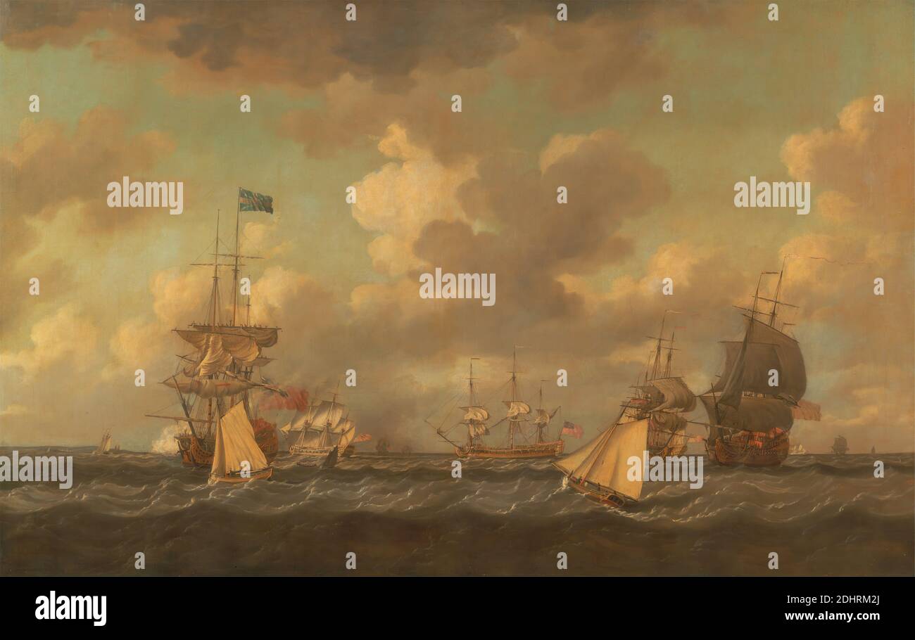 Englische Schiffe kommen zum Anker in einer frischen Brise, Dominic Serres RA, 1722–1793, Französisch, aktiv in Großbritannien (ab den 1750er Jahren), Ende des 18. Jahrhunderts, Öl auf Leinwand, Unterstützung (PTG): 41 1/2 x 65 1/2 Zoll (105.4 x 166.4 cm), Anker, Brise, Cutter (Segelschiffe), Flaggen, Flotte, voll-Rigged Schiffe, Segelboote, Meer, Schiffe, Schiffe der Linie, sloops (Segelschiffe), Wasser, Wind Stockfoto