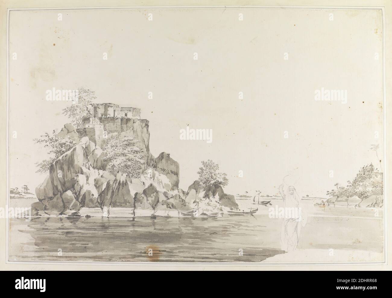 Blick auf die Insel Jangerah bei Sultanjanj mit einer Frau Balancing a Jug im Vordergrund, William Hodges, 1744–1797, Britisch, ca. 1781, Grauwaschung und Graphit auf gedeckten Papier, auf Waschhalterung aus dem 19. Jahrhundert abgelegt, Blatt: 17 1/2 x 26 1/16in. (44.5 x 66,2 cm Stockfoto