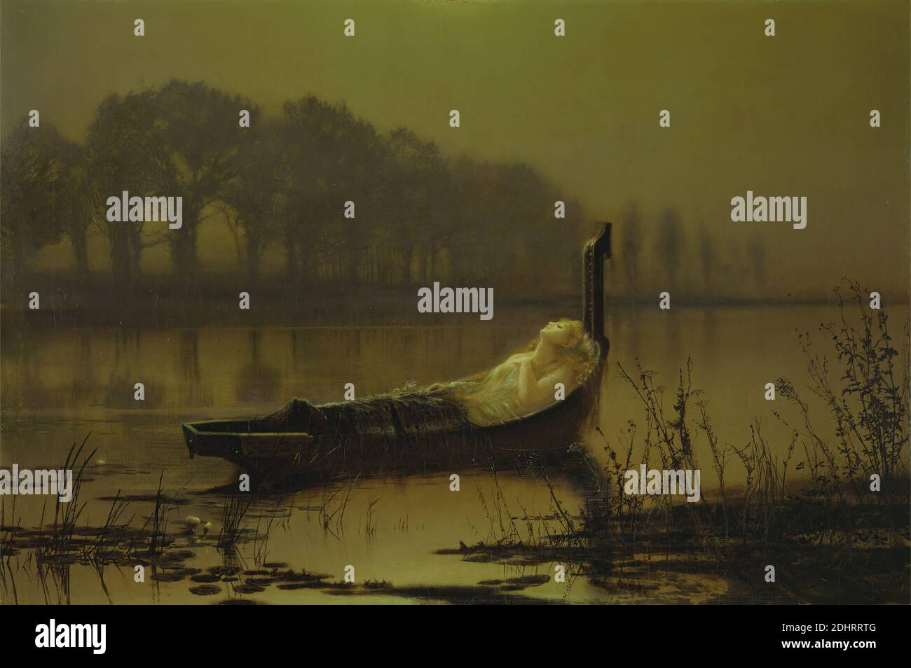 The Lady of Shalott', John Atkinson Grimshaw, 1836–1893, britisch, ca. 1875, Öl auf Leinwand, Unterstützung (PTG): 24 x 36 Zoll (61 x 91.4 cm), Boot, tot, Tod, Landschaft, Legende, literarisches Thema, Gedicht, Schilf, religiöse und mythologische Thema, Fluss, romantisch, Bäume, viktorianischen, Seerosen, Frau Stockfoto