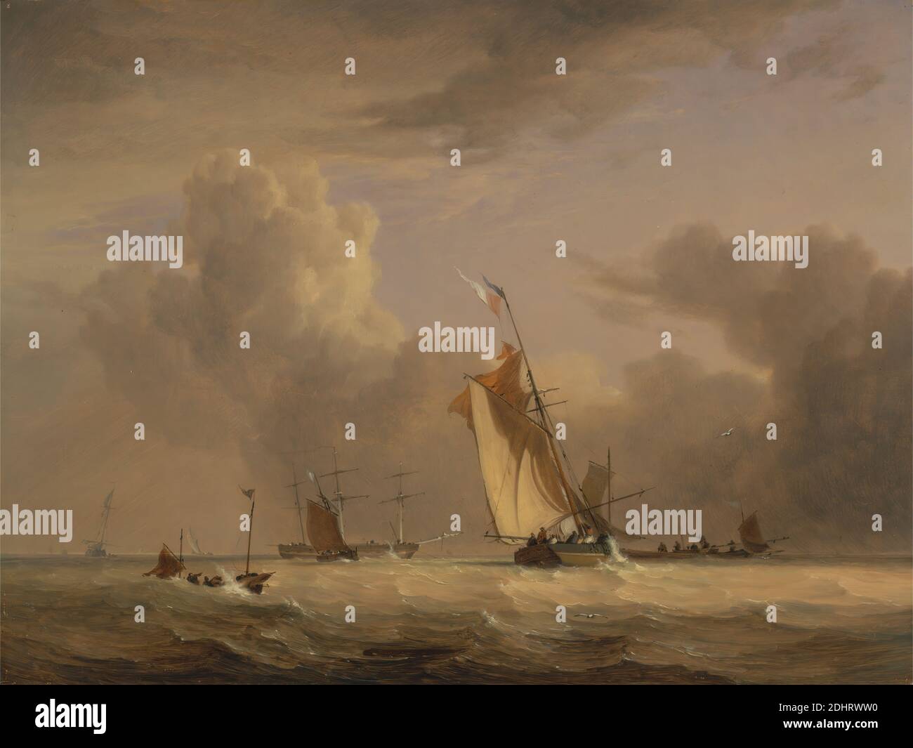 Fishing Smack and other vessels in a Strong Breeze, Joseph Stannard, 1797–1830, British, 1830, Oil on Panel, Support (PTG): 12 3/4 x 17 inches (32.4 x 43.2 cm), Boote, Brise, Wolken, Angeln, Flaggen, Meereskunst, Männer, Meer, Seeleute, Schiffe, Wellen (Naturereignisse), Wind Stockfoto