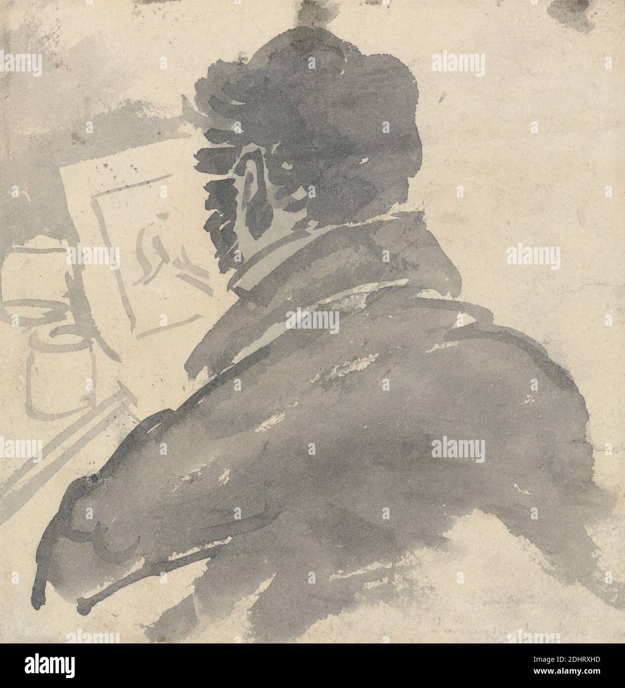 Studie von J.M.W. Turner Sketching, George Jones, 1786–1869, britisch, undatiert, Grauwäsche auf Medium, leicht strukturiert, webtes Papier, Blatt: 6 5/8 x 6 7/16in. (16.8 x 16,4 cm) und Blatt: 6 5/8 × 6 1/2 Zoll (16.8 × 16.5 cm), Rücken, Bart, Figurenstudie, Hut, Porträt, Skizzen Stockfoto