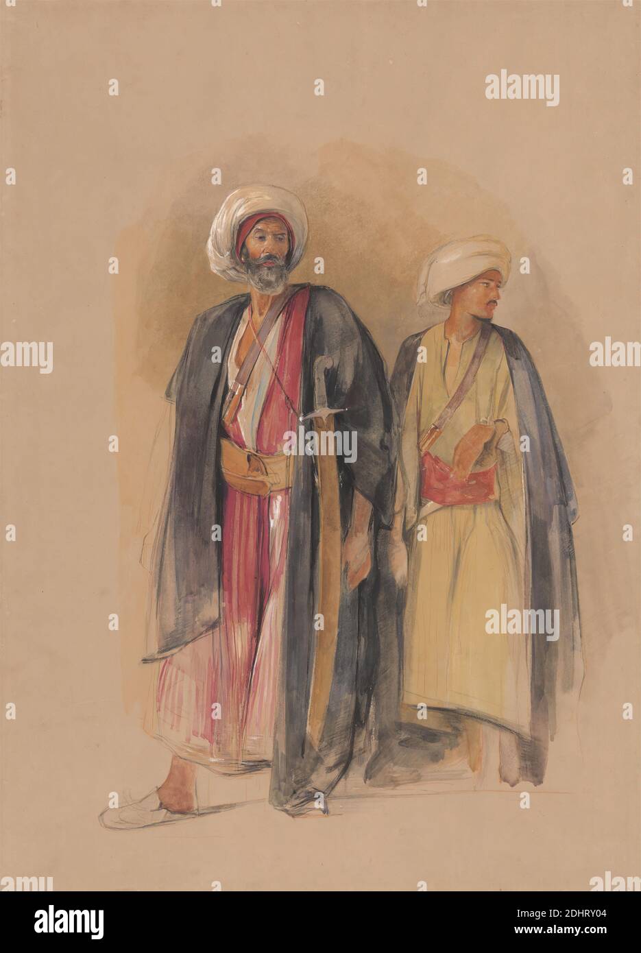 Sheik Hussein of Gebel Tor and his Son, John Frederick Lewis, 1804–1876, britisch, zwischen 1842 und 1843, Aquarell, weiße Gouache, rote Kreide, schwarze Kreide und Graphit auf Medium, leicht strukturiert, beigefarbenes Papier, Blatt: 20 1/8 x 14 1/2 Zoll (51.1 x 36.8 cm), Bart, Vater, Männer, Porträt, Roben, Sandalen, scheich, Sohn, Schwert, Turbanen Stockfoto