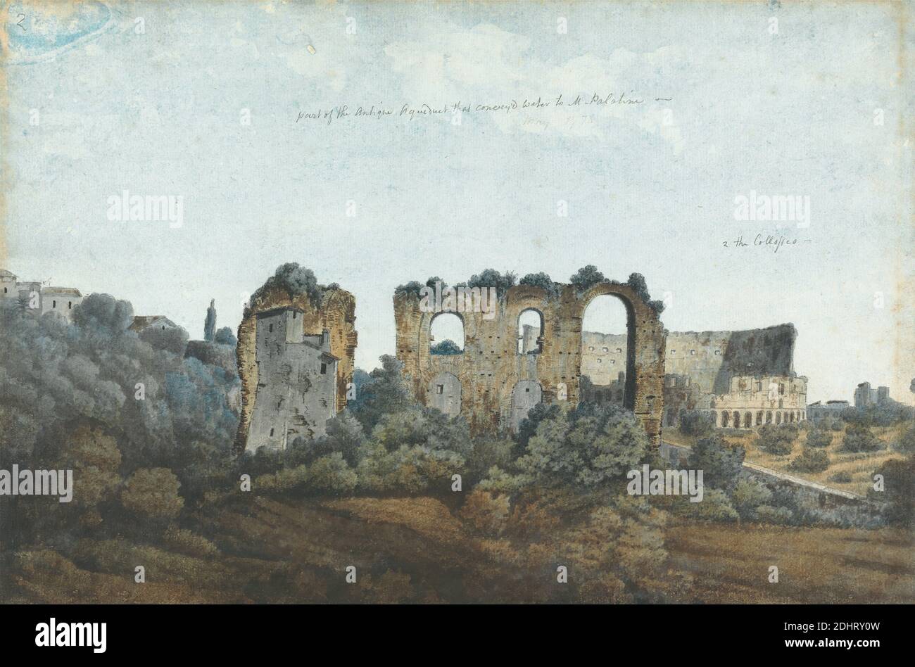 The Claudian Aqueduct and Colosseum, Thomas Jones, 1742–1803, britisch, tätig in Italien (1776–83), 1778, Aquarell und Graphit mit Kaugummi auf mittlerem, mäßig strukturiertem, cremefarbenem Papier, Blatt: 10 3/4 × 16 1/4 Zoll (27.3 × 41.3 cm), Amphitheater, Aquädukt, Bögen, architektonisches Thema, Grand Tour, Landschaft, Ruinen, Bäume, Aqua Claudia, Kolosseum, Italien, Latium, Roma, Rom Stockfoto