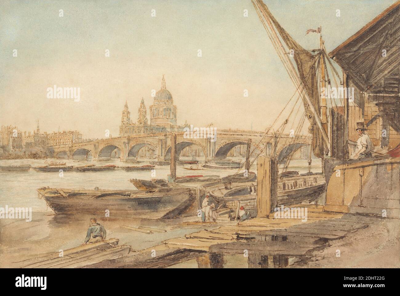 St. Paul's Cathedral und Blackfriar's Bridge, William Henry Hunt, 1790–1864, Großbritannien, ca. 1817, Aquarell und braune Tinte über Graphit auf dickem, mäßig strukturiertem, cremefarbenem Papier, Blatt: 8 7/8 x 13 1/4 Zoll (22.5 x 33.7 cm), architektonisches Motiv, Boote, Brücke (gebaut), Kathedrale, Stadtbild, Bau, Docks, Arbeit, Masten, Männer, Piers, Reparatur, Takelage, Fluss, Schiffe, Werften, Arbeiten, Blackfriar's Bridge, England, Europa, London, St. Paul's Cathedral, Vereinigtes Königreich Stockfoto