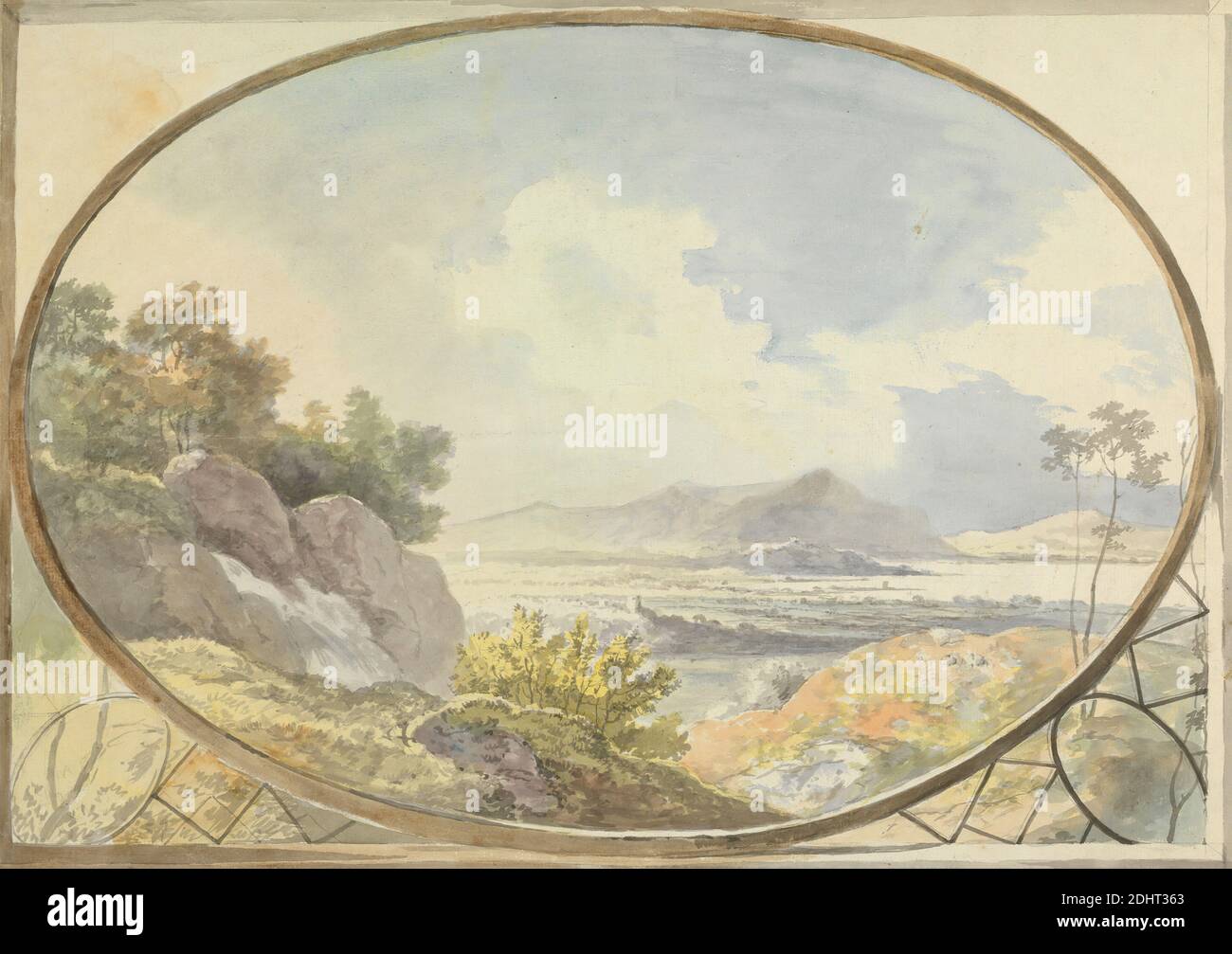 Landschaft in einem Oval (Berglandschaft durch ein Oval Fenster), George Barret RA, ca. 1728/32–1784, Irisch, ca. 1775, Aquarell, mit Stift in grauer Tinte, über Graphit auf Medium, leicht strukturiert, creme, Papier gelegt, auf Medium montiert, mäßig strukturiert, beige, Papier gewebt, Halterung: 18 1/2 × 23 1/2 Zoll (47 × 59.7 cm), Blatt: 14 7/8 × 21 1/4 Zoll (37.8 × 54 cm), Zeitgenössische gezeichnete Grenze: 14 × 19 1/8 Zoll (35.6 × 48.6 cm) und Bild: 12 1/4 × 17 3/4 Zoll (31.1 × 45.1 cm Stockfoto